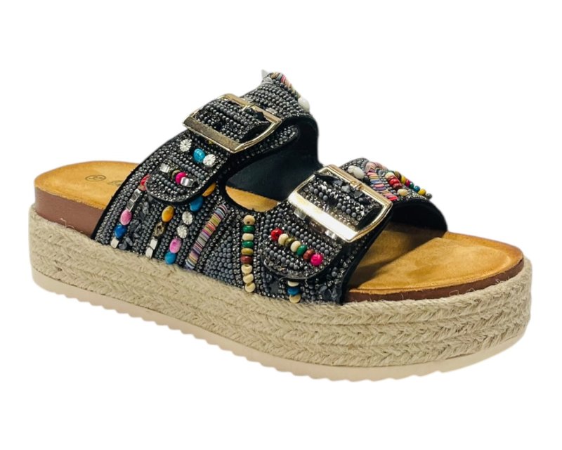 Platform Beaded Buckle Strap Flat Sandals - Sandals - British D'sire