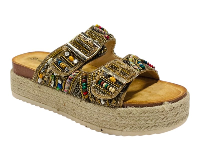 Platform Beaded Buckle Strap Flat Sandals - Sandals - British D'sire