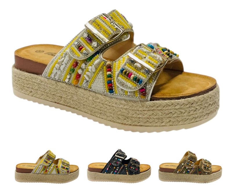 Platform Beaded Buckle Strap Flat Sandals - Sandals - British D'sire Main image