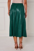 Pleated Faux Leather Midi Skirt with Front Split - British D'sire