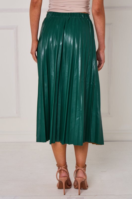 Pleated Faux Leather Midi Skirt with Front Split - British D'sire