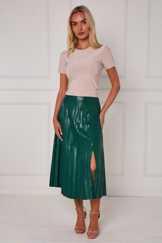 Pleated Faux Leather Midi Skirt with Front Split - British D'sire