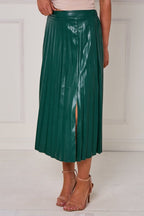 Pleated Faux Leather Midi Skirt with Front Split - British D'sire