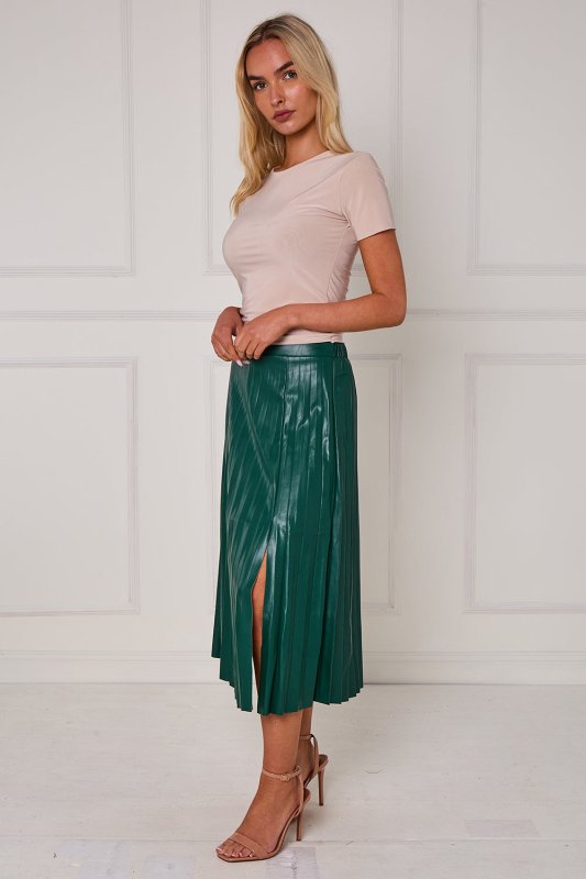 Pleated Faux Leather Midi Skirt with Front Split Secondary image