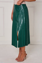 Pleated Faux Leather Midi Skirt with Front Split - British D'sire