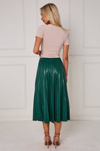 Pleated Faux Leather Midi Skirt with Front Split - British D'sire