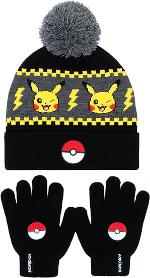Pokemon - Winter Warm & Comfy Beanie Hat & Gloves Set for Boys - Pikachu Design - Perfect for Boys 6 - 12 Years - Kids Beanie - British D'sire