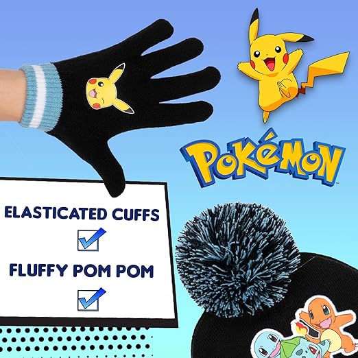 Pokemon - Winter Warm & Comfy Beanie Hat & Gloves Set for Boys - Pikachu Design - Perfect for Boys 6 - 12 Years - Kids Beanie - British D'sire
