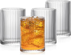 POLIDREAM Drinking Glasses with Origami Style Set of 4 Glass Cups, 12 oz Ribbed Glassware, Highball Glass Cups, Elegant Art Deco Ripple Vintage Glassware, Juice Glasses, Ideal for Cocktail, Beer - British D'sire