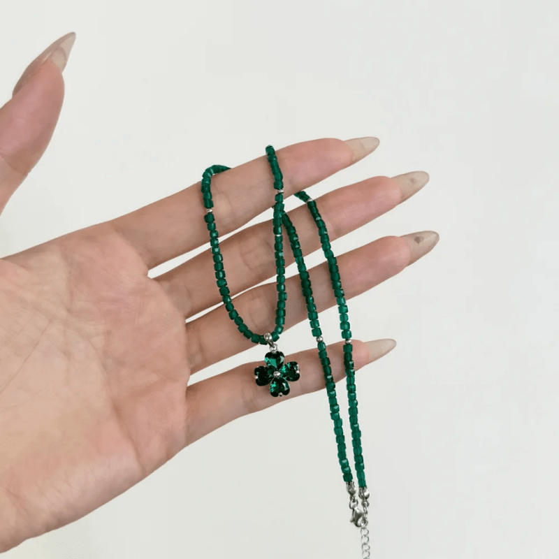 Premium INS style S925 pure silver necklace for women's Lucky clover zircon bead Design exquisite fashion necklace - Necklaces & Pendants - British D'sire