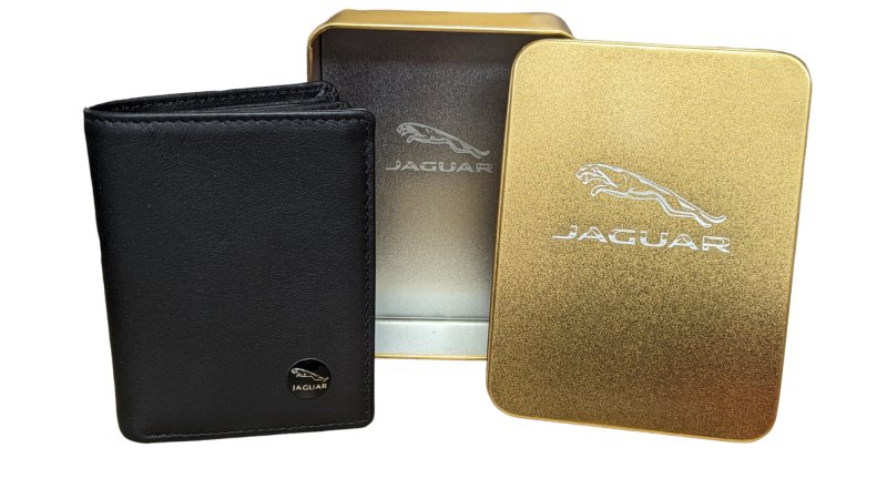 Premium Nappa Genuine Leather, Jaguar Bi Fold Wallet in a Tin Swolit RFID Blocker Gift Boxed - British D'sire