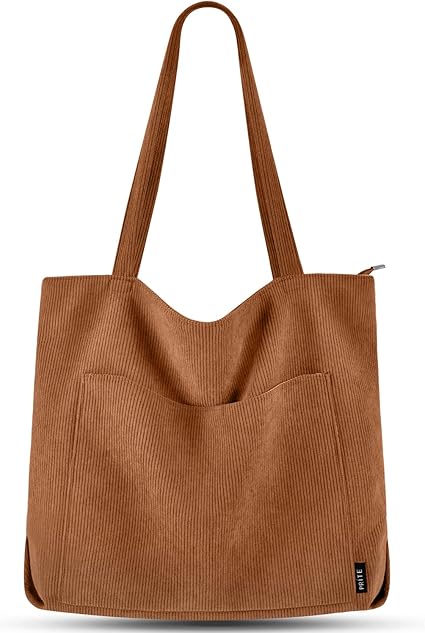 Prite Corduroy Tote Bag for Women Large Shoulder Bag with Zipper and Pockets for College School Work Travel Shopping - Bags & Accessories - British D'sire Main image