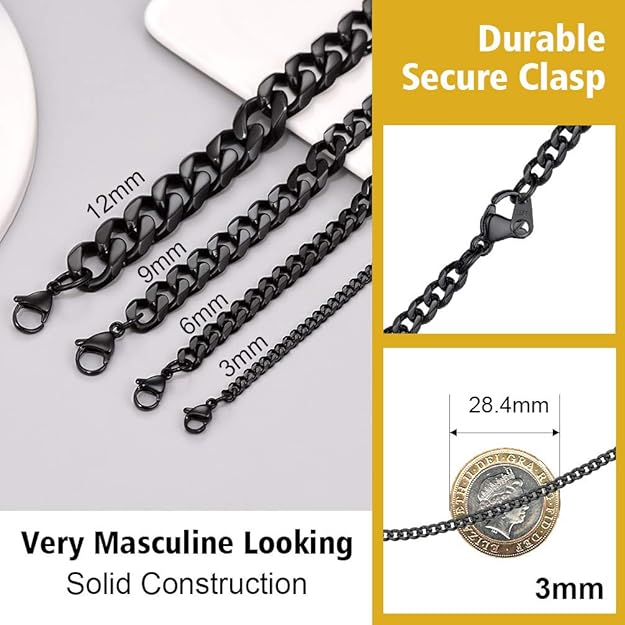 PROSTEEL Men Sturdy Cuban Chain Necklace, 3/6/9/12mm, 14" 18" 20 Length Stainless Steel Gold Plated/316L Stainless Steel/Black (Send Box) - Unisex Jewellery - British D'sire