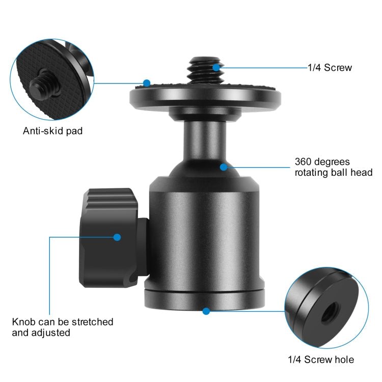 PULUZ 1/4 inch Inner Screw Metal Tripod Ball Head Adapter with Knob Lock(Black) - British D'sire