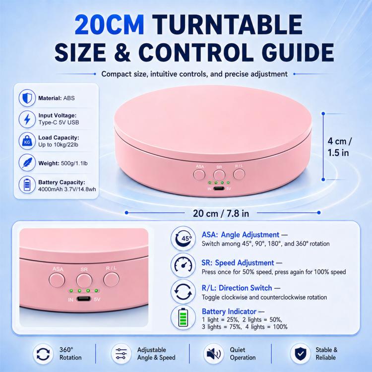 PULUZ 20cm Electric 360 Degree Rotating Display Stand Turntable, Speed / Angle / Direction Adjustable, Load 5-10kg (Pink) Secondary image