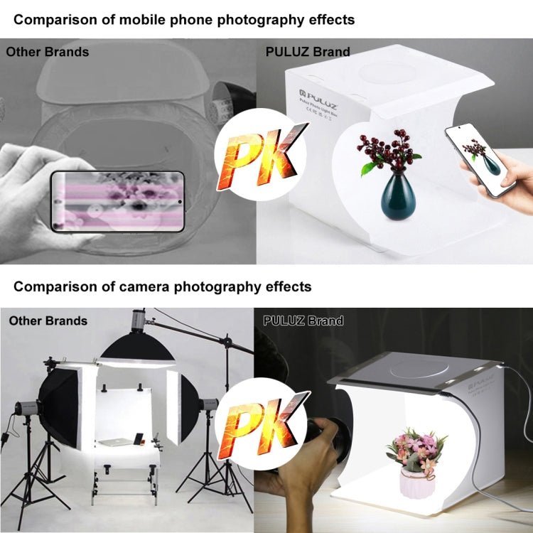 PULUZ 20cm Include 2 LED Panels Folding Portable 1100LM Light Photo Lighting Studio Shooting Tent Box Kit with 6 Colors Backdrops (Black, White, Yellow, Red, Green, Blue), Unfold Size: 24cm x 23cm x 23cm - British D'sire