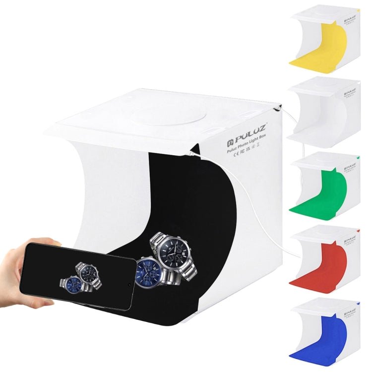 PULUZ 20cm Include 2 LED Panels Folding Portable 1100LM Light Photo Lighting Studio Shooting Tent Box Kit with 6 Colors Backdrops (Black, White, Yellow, Red, Green, Blue), Unfold Size: 24cm x 23cm x 23cm - British D'sire