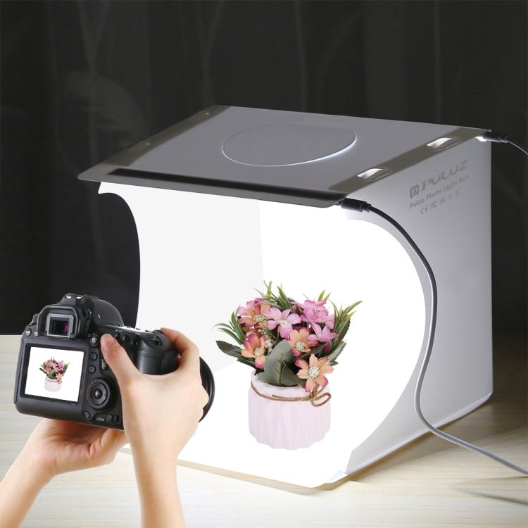 PULUZ 20cm Include 2 LED Panels Folding Portable 1100LM Light Photo Lighting Studio Shooting Tent Box Kit with 6 Colors Backdrops (Black, White, Yellow, Red, Green, Blue), Unfold Size: 24cm x 23cm x 23cm - British D'sire