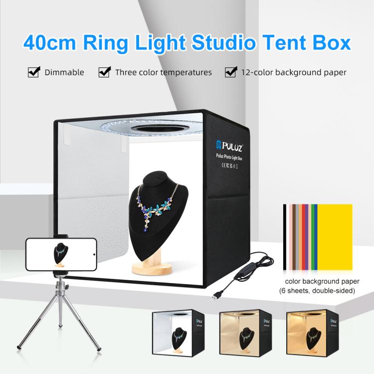 PULUZ 40cm Folding Portable Ring Light USB Photo Lighting Studio Shooting Tent Box with 6 x Dual-side Color Backdrops, Size: 40cm x 40cm x 40cm(Black) Secondary image