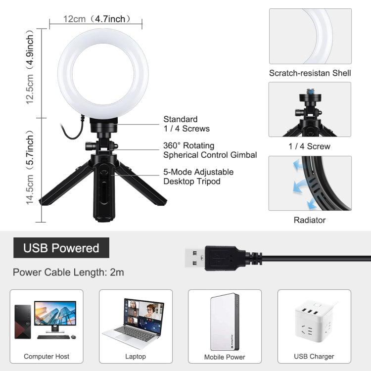 PULUZ 4.7 inch 12cm USB 3 Modes Dimmable LED Ring Vlogging Photography Video Lights + Pocket Tripod Mount Kit with Cold Shoe Tripod Ball Head(Black) - British D'sire