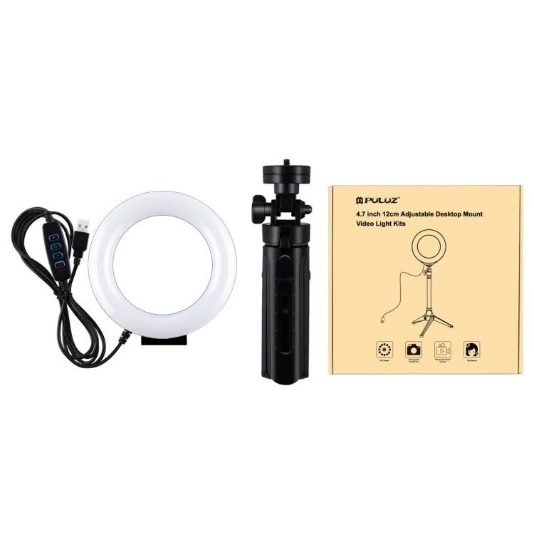 PULUZ 4.7 inch 12cm USB 3 Modes Dimmable LED Ring Vlogging Photography Video Lights + Pocket Tripod Mount Kit with Cold Shoe Tripod Ball Head(Black) - British D'sire