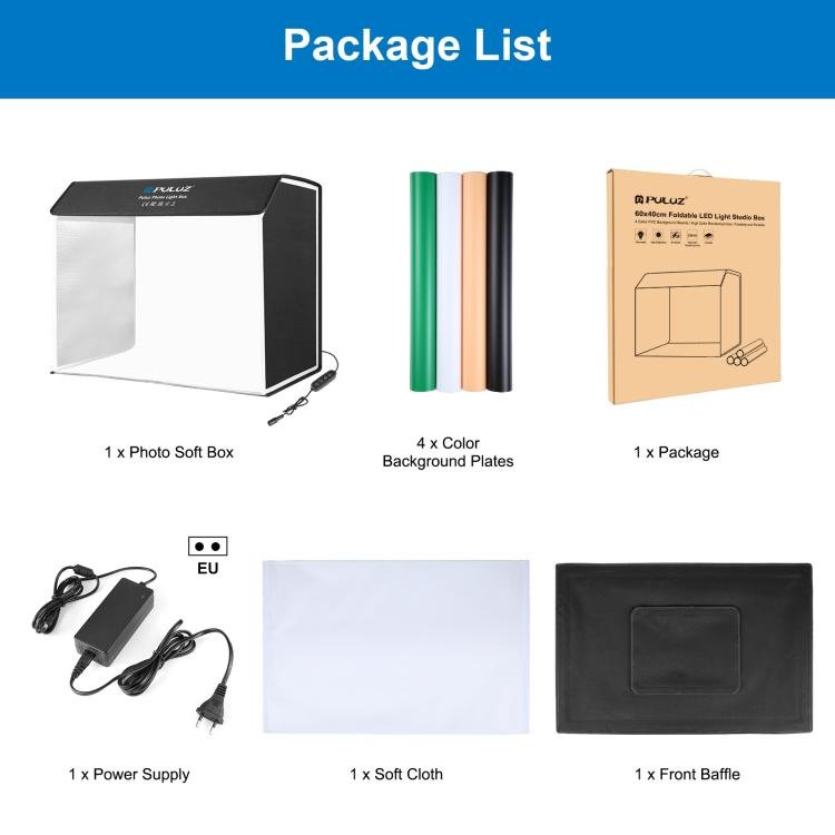PULUZ Photo Studio Light Box Portable 60 x 40cm Cuboid Photography Studio Tent Kit with 4 Color Backdrops (EU Plug) - British D'sire