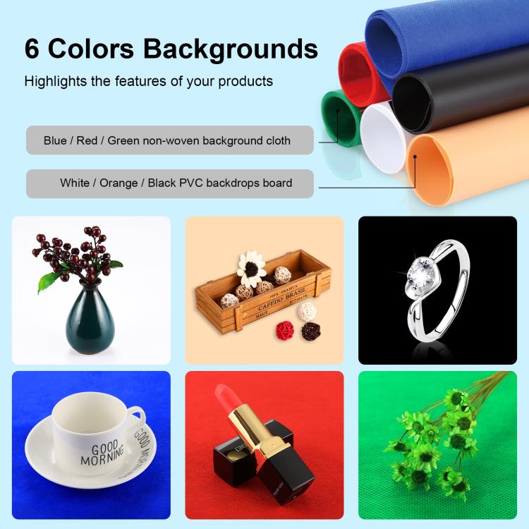 PULUZ Photo Studio Light Box Portable 60 x 60 x 60 cm Light Tent LED 5500K White Light Dimmable Mini 36W Photography Studio Tent Kit with 6 Removable Backdrops (Black Orange White Green Blue Red)(US Plug) - British D'sire