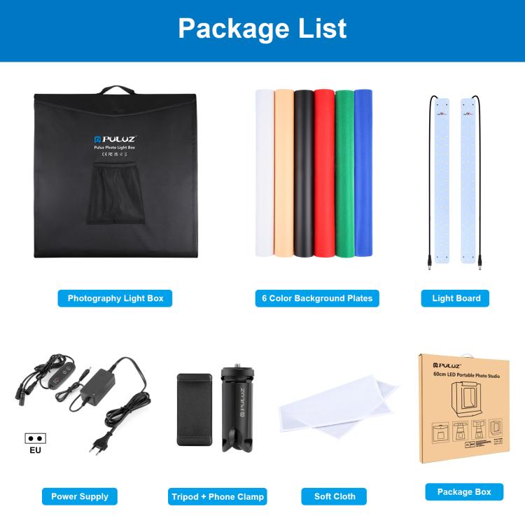 PULUZ Photo Studio Light Box Portable 60 x 60 x 60 cm Light Tent LED 5500K White Light Dimmable Mini 36W Photography Studio Tent Kit with 6 Removable Backdrops (Black Orange White Green Blue Red)(EU Plug) - British D'sire