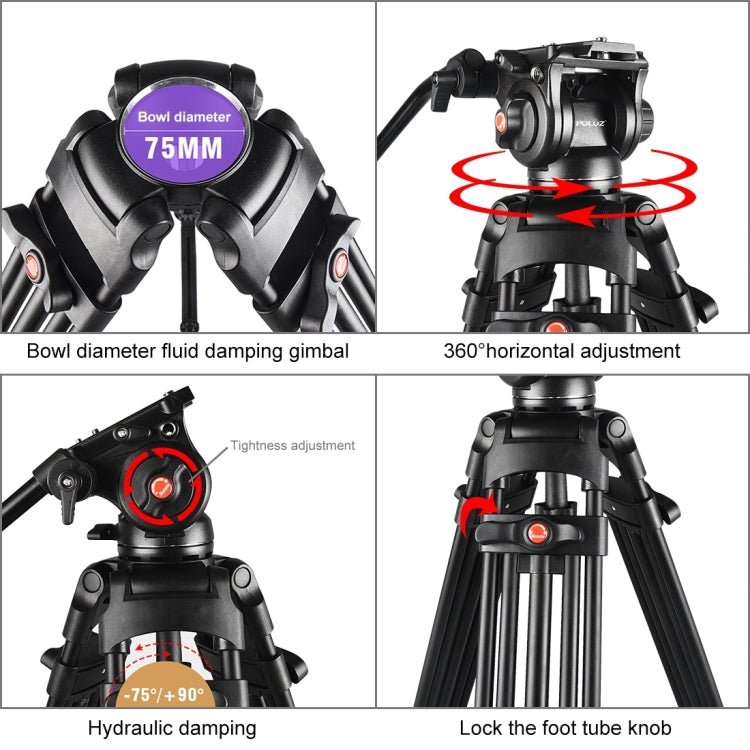 PULUZ Professional Heavy Duty Video Camcorder Aluminum Alloy Tripod with Fluid Drag Head for DSLR / SLR Camera, Adjustable Height: 80-160cm(Black) - British D'sire
