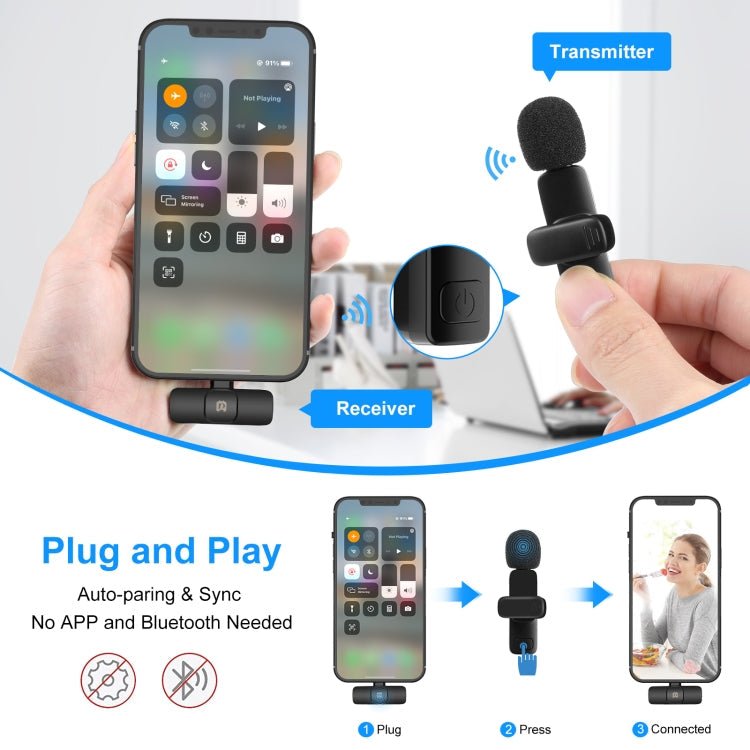 PULUZ Wireless Lavalier Noise Reduction Reverb Microphones for iPhone / iPad, 8 - Pin Receiver and Dual Microphones(Black) - British D'sire
