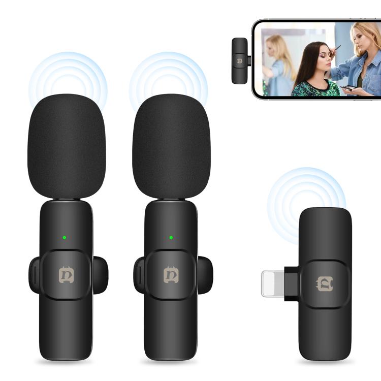 PULUZ Wireless Lavalier Noise Reduction Reverb Microphones for iPhone / iPad, 8 - Pin Receiver and Dual Microphones(Black) - British D'sire Main image