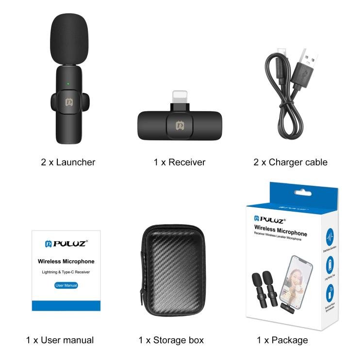 PULUZ Wireless Lavalier Noise Reduction Reverb Microphones for iPhone / iPad, 8 - Pin Receiver and Dual Microphones(Black) - British D'sire