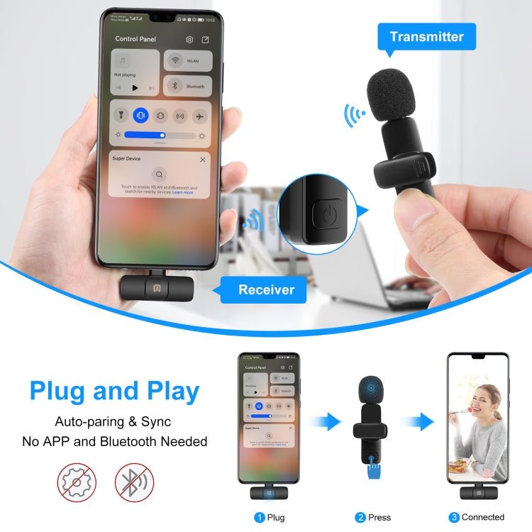 PULUZ Wireless Lavalier Noise Reduction Reverb Microphones for Type - C Phone, Type - C Receiver and Dual Microphones (Black) - British D'sire