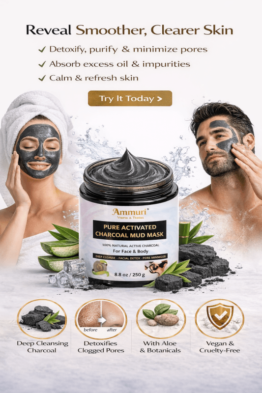 Pure Activated Clay Charcoal Face Mask - Deep Cleanse and Detox - 100% Natural & Organic - 250g - AMMURI PURE ACTIVATED CHARCOAL MUD MASK - British D'sire