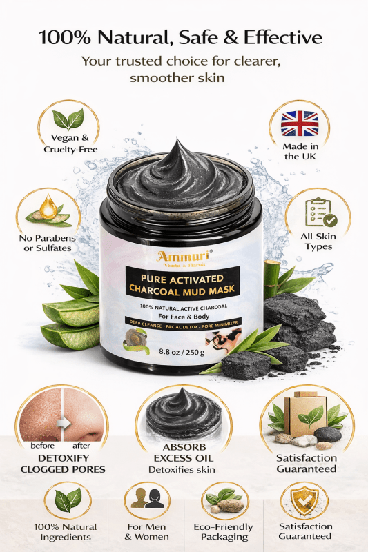 Pure Activated Clay Charcoal Face Mask - Deep Cleanse and Detox - 100% Natural & Organic - 250g - AMMURI PURE ACTIVATED CHARCOAL MUD MASK - British D'sire