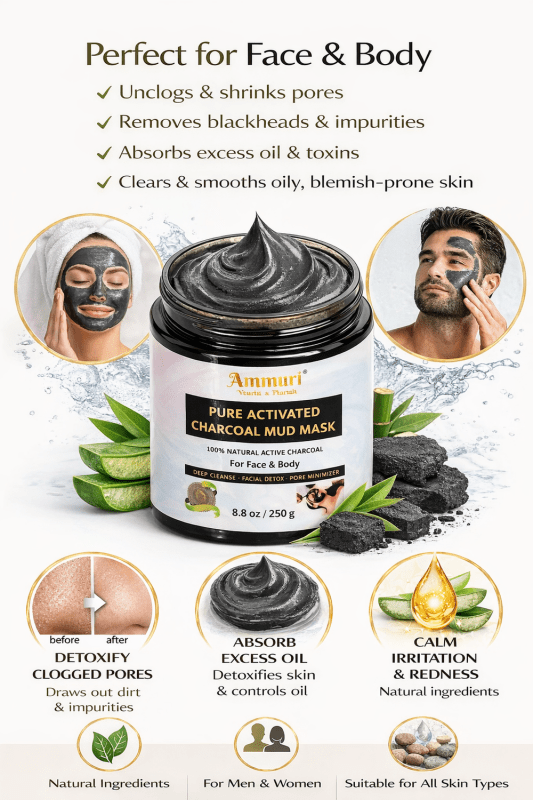 Pure Activated Clay Charcoal Face Mask - Deep Cleanse and Detox - 100% Natural & Organic - 250g - AMMURI PURE ACTIVATED CHARCOAL MUD MASK - British D'sire