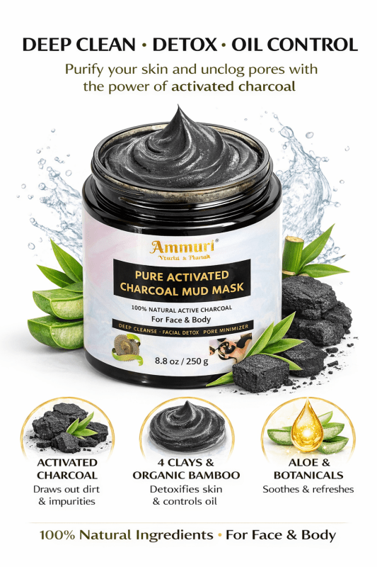 Pure Activated Clay Charcoal Face Mask - Deep Cleanse and Detox - 100% Natural & Organic - 250g - AMMURI PURE ACTIVATED CHARCOAL MUD MASK - British D'sire