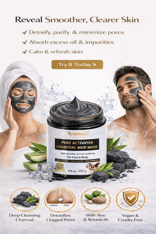 Pure Activated Clay Charcoal Face Mask - Deep Cleanse and Detox - 100% Natural & Organic - 250g - AMMURI PURE ACTIVATED CHARCOAL MUD MASK - British D'sire