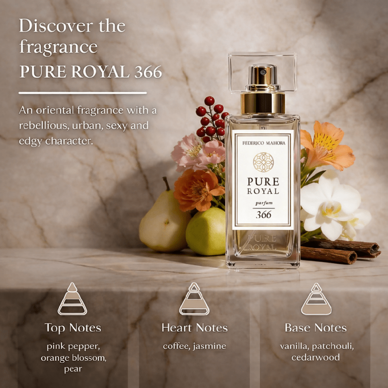 Pure Royal 366 Women’s Perfume 50 ml – Oriental Fragrance with Pink Pepper, Coffee, Jasmine & Vanilla – 20% Essence – Intense & Long Lasting - EDP SPRAY - British D'sire