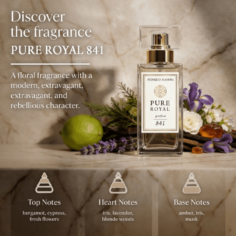Pure Royal 841 Women’s Perfume 50 ml – Modern Floral, Top Notes Bergamot & Cypress, Iris & Musk - EDP SPRAY - British D'sire