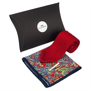 /Pure silk red knitted tie set | Comes with 100% wool paisley print pocket square, 1 Gold plated tie clip - All Products - British D'sire