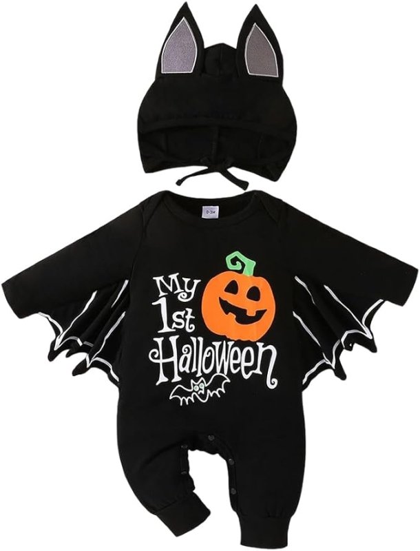 PythJooh Baby Boy Girl My 1st Halloween Outfits Unisex Baby One - piece Long Sleeve Bat Romper Jumpsuit with Hat Clothing Set for 0 - 18Months - Rompers - British D'sire Main image