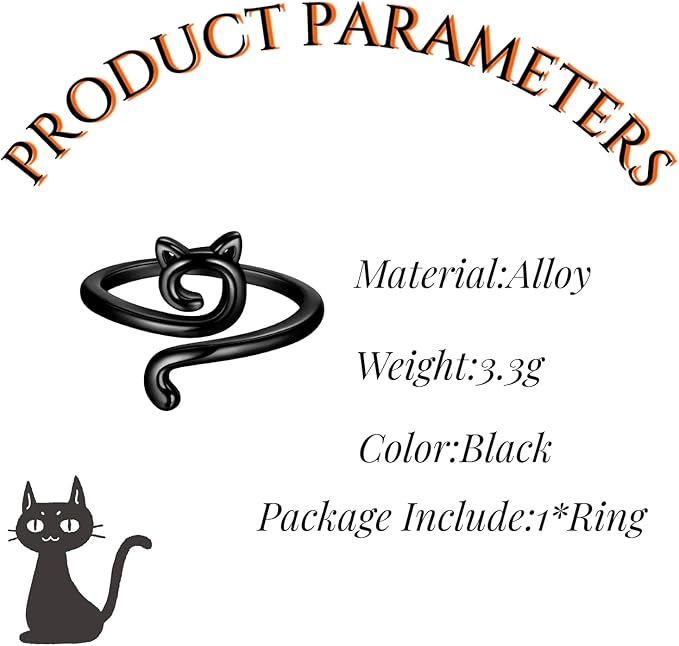 QKEOISUD Black Cat Rings for Women,Alloy Cute Animal Crochet Tail Finger Ring Adjustable Open for Sisters Friends Cats Lover Jewelry Presents Secondary image