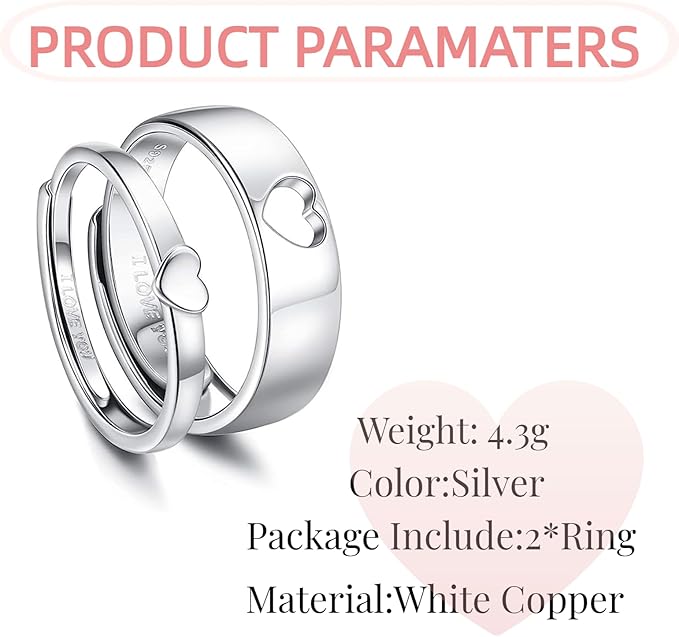 QKEOISUD I Love You Couple Ring,Heart Hollow Ring Adjustable Silver White Copper Suitable Secondary image