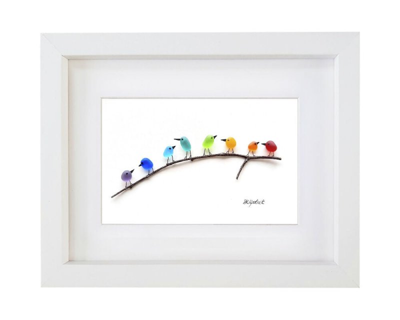 Rainbow Birds on Branch - Sea Glass & Driftwood Picture - Framed Unique Handmade - Sea Glass Art - Sea glass picture - British D'sire Main image