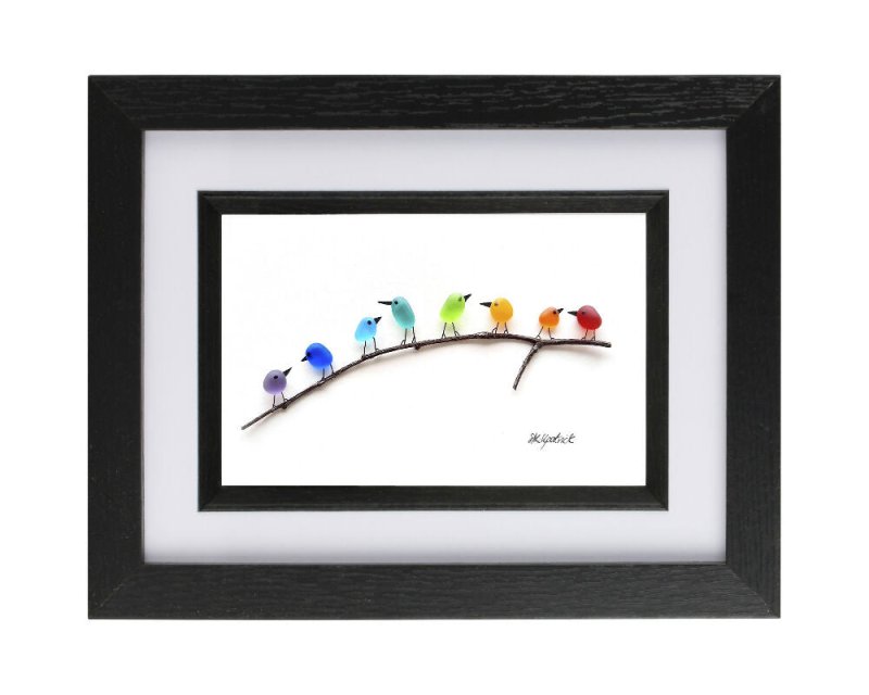 Rainbow Birds on Branch - Sea Glass & Driftwood Picture - Framed Unique Handmade - Sea Glass Art Secondary image