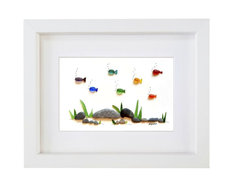 Rainbow Fish - Sea Glass & Driftwood Picture - Framed Unique Handmade - Sea Glass Art - Sea glass picture - British D'sire