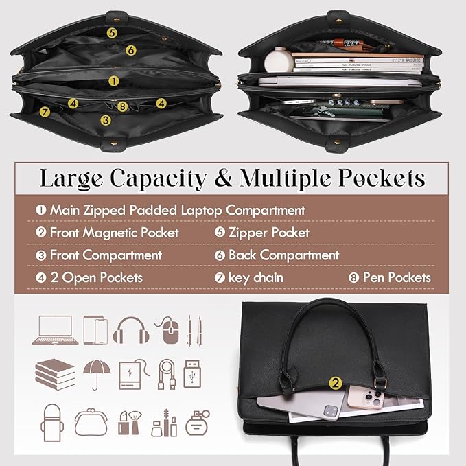 RAINSMORE Laptop Bags for Women 15.6 Inch Ladies Work Bag PU Leather Designer Laptop Handbag Large Laptop Tote Bag for School Computer Business Travel Black - Messenger & Shoulder Bags - British D'sire