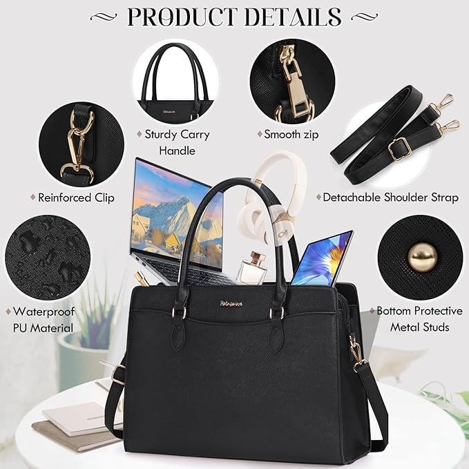 RAINSMORE Laptop Bags for Women 15.6 Inch Ladies Work Bag PU Leather Designer Laptop Handbag Large Laptop Tote Bag for School Computer Business Travel Black - Messenger & Shoulder Bags - British D'sire