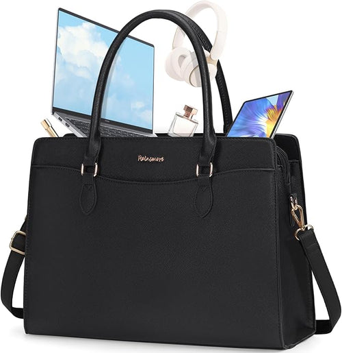 RAINSMORE Laptop Bags for Women 15.6 Inch Ladies Work Bag PU Leather Designer Laptop Handbag Large Laptop Tote Bag for School Computer Business Travel Black